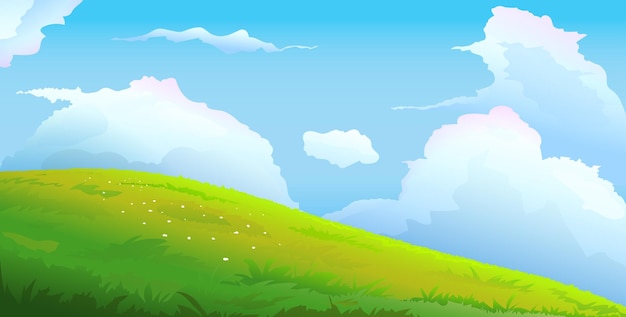 Schilderachtige weide landschap achtergrond met wolken Kleurrijke cartoon landschap groen gras grasland en lucht romantisch landelijk landschap illustratie kinderen behang Vector graphics