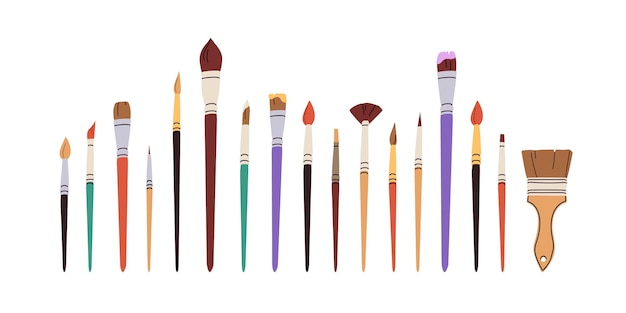 Schilderborstels set gereedschappen Verschillende soorten kunst schilderborsteltjes dikke en dunne borstels van verschillende vormen Creatieve tekening schilderaccessoires Vlakke vectorillustratie geïsoleerd op witte achtergrond