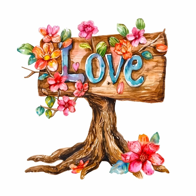 Schilderij van een boom met het houten teken liefde