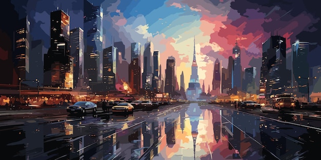 schilderij van een moderne stedelijke stad's nachts illustratie