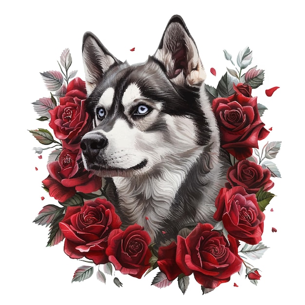 Schilderij van een siberische husky omringd door rode rozen met witte achtergrond