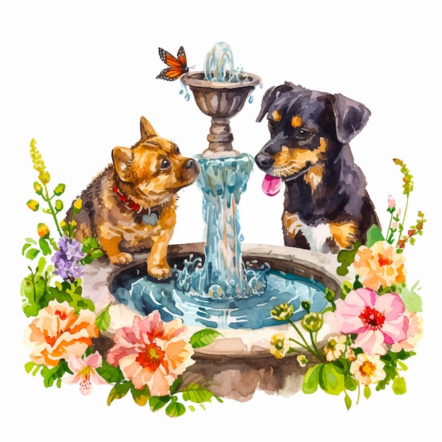 Schilderij van twee honden die water drinken in de fontein