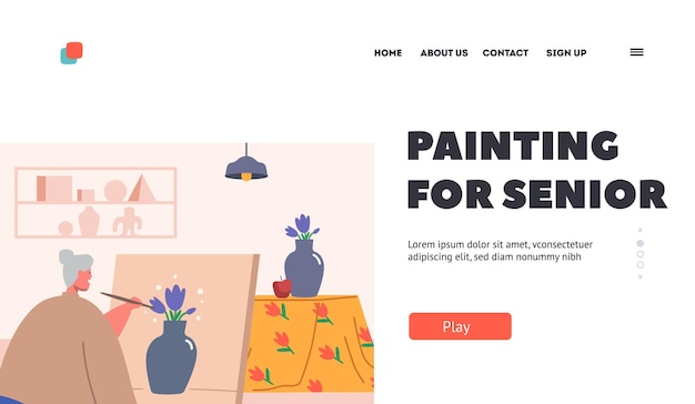 Schilderij voor senior landing page sjabloon oude vrouw kunstenaar houd penseel in hand voor canvas op schildersezel tekening vaas met bloemen leeftijd dame creatieve hobby cartoon mensen vector illustratie