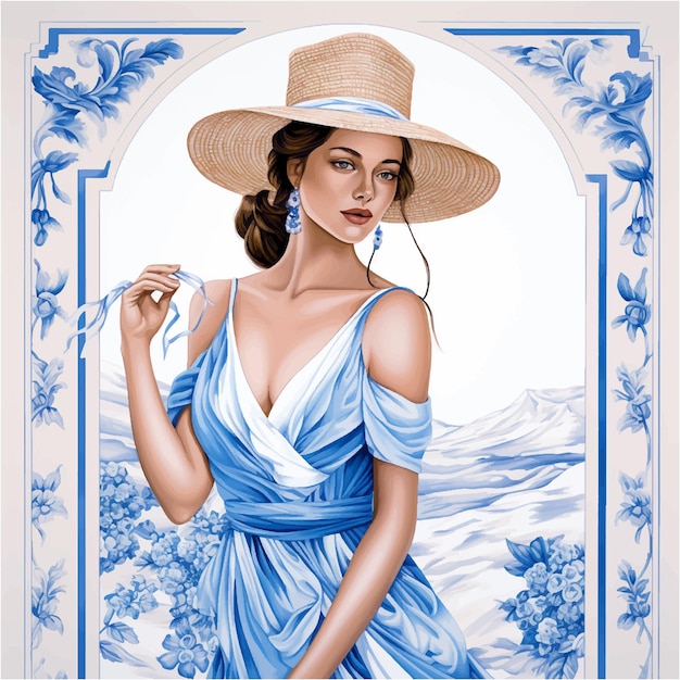 Schilderij vrouw in een blauw-witte jurk en een strohoed