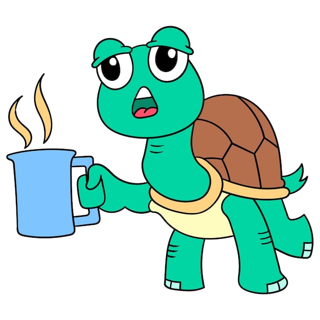 Schildpad is moe van het genieten van pauze met een glas warme drank, vectorillustratiekunst. doodle pictogram afbeelding kawaii.