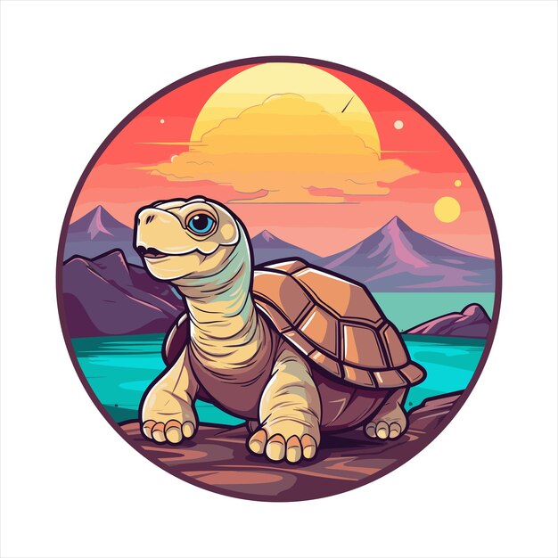 Vector schildpad kleurrijke cartoon kawaii personage strand zonsondergang dier huisdieren sticker geïsoleerde illustratie