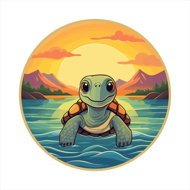 Vector schildpad kleurrijke cartoon kawaii personage strand zonsondergang dier huisdieren sticker geïsoleerde illustratie