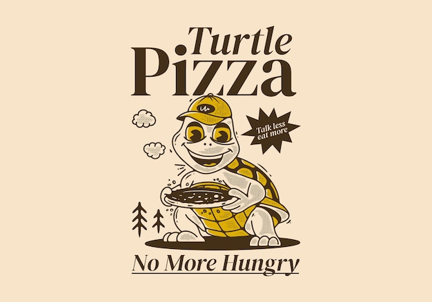 Schildpadpizza Geen honger meer. Mascottekarakterillustratie van een schildpad die een pizza vasthoudt