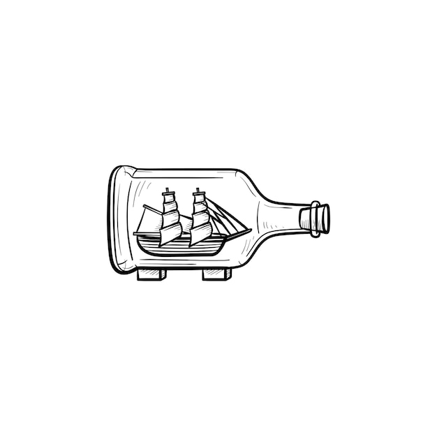 Schip binnen de fles hand getrokken schets doodle pictogram. Fles met een schip binnen schets vectorillustratie voor print, web, mobiel en infographics geïsoleerd op een witte achtergrond.