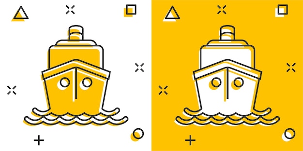 Schip cruise teken pictogram in komische stijl Vrachtboot vector cartoon afbeelding op witte geïsoleerde achtergrond Schip bedrijfsconcept splash effect