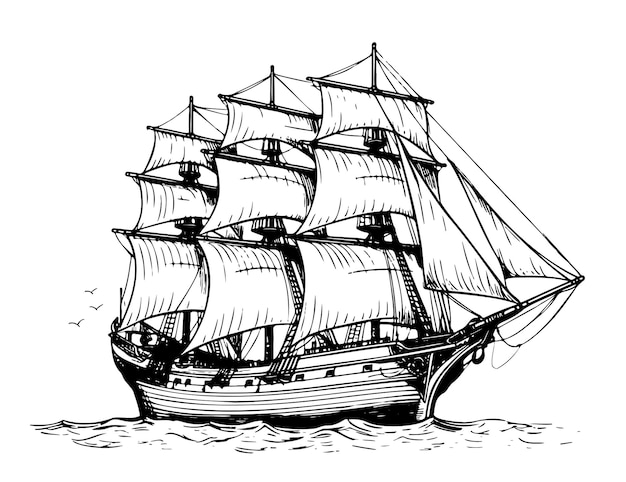 Schip fregat oude schets met de hand getekend Vector illustratie