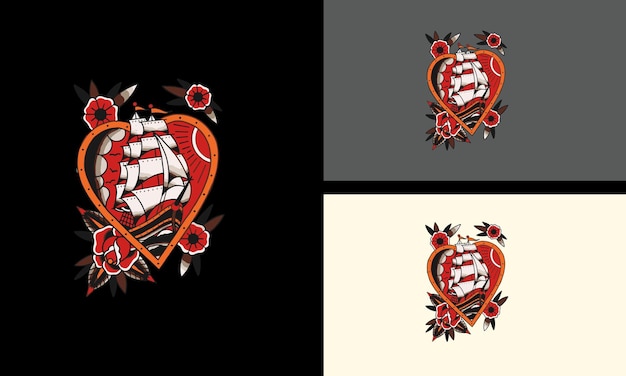 Schip met rood roze bloemen vector plat ontwerp