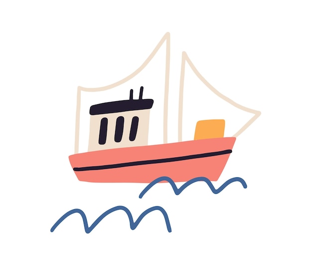 Schip met zeilen die in zee of oceaan drijven. Vissersboot en golven van water getekend in Scandinavische stijl. Kinderachtig gekleurde platte vectorillustratie geïsoleerd op een witte achtergrond.