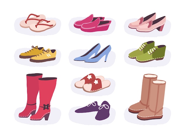 Vector schoeisel platte gekleurde iconen set van mannelijke en vrouwelijke schoenen. laarzen voor verschillende seizoenen. geïsoleerde vlakke stijl illustratie.