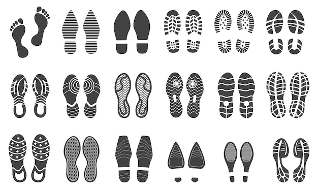 Schoensporen Voetafdrukken man laars zool voeten identiteit voetafdrukken sneaker of blootsvoets voeten stap merk schoenspoor stempel in modder footmark track schoenen met hakken nette vector illustratie