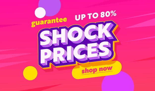 Schok prijzen verkoop reclamebanner met typografie. roze achtergrond met kleurrijke cirkels. ontwerp voor shopping discount, social media promo content ad, poster, flyer template. vectorillustratie