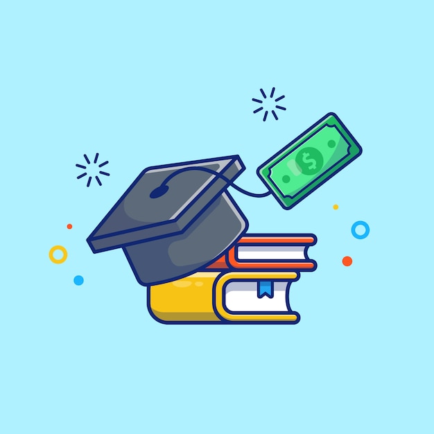 ベクトル 奨学金のイラスト。卒業帽、本、そしてお金。