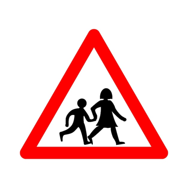 Scholieren tekenen Scholieren waarschuwingsbord Rode driehoek Voorzichtigheid bij kinderen op de weg