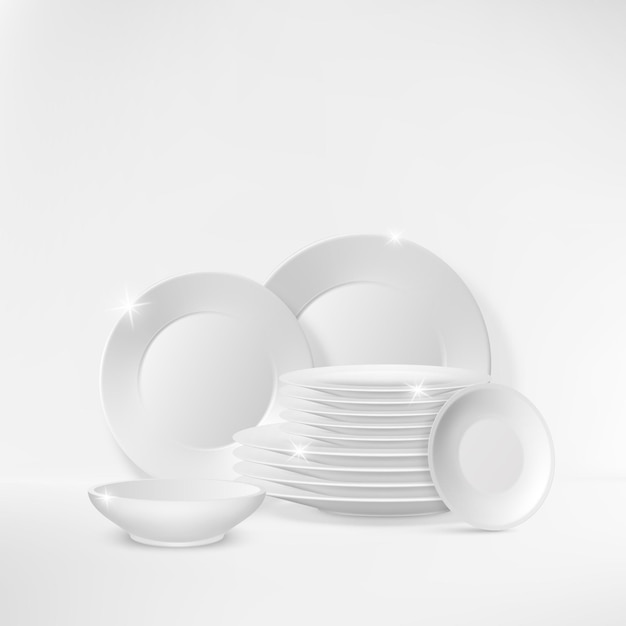 Schone afwas Platen stapels Keuken servies Wassen porselein servies Keramische borden stapels Sprankelend servies Diner cirkel schaal Banquet serveren Vector objecten realistisch ontwerp