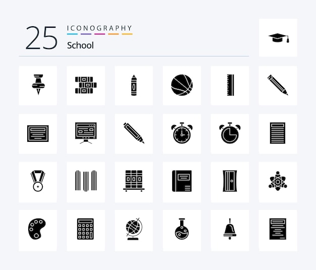 Пакет значков School 25 Solid Glyph, включая баскетбольную линейку школьных карандашей
