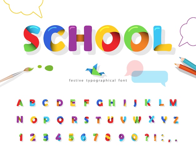 School 3d puzzle font. Colorful alphabet for kids.