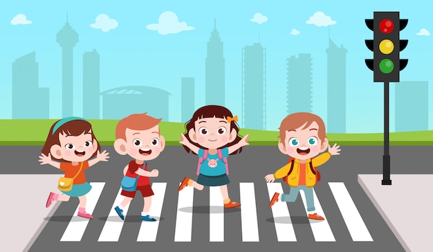 Cute School kids with backpack walking crossing road near traffic light on  zebra crossing on the way to school 9295319 Vector Art at Vecteezy