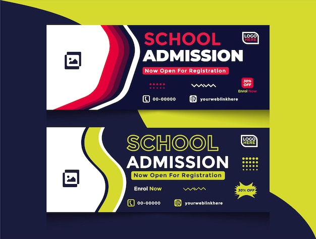 School Admission Banner Design set rood wit donker marine kleur moderne tempel