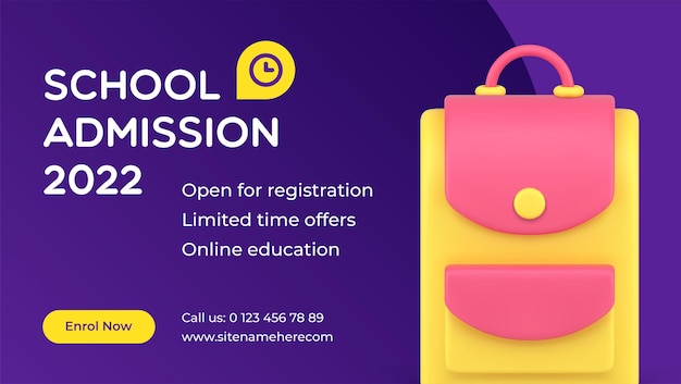 School admission distance education class registration pupil backpack web banner 3d icon vector