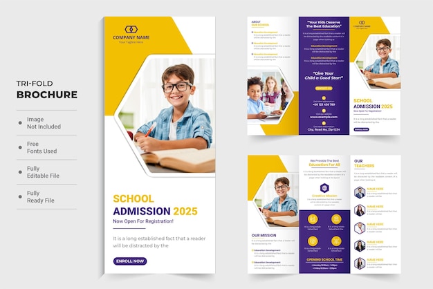 School admission and educational brochure design for marketing Academic leaflet and trifold brochure with school activities section Back to school trifold brochure design with photo placeholders