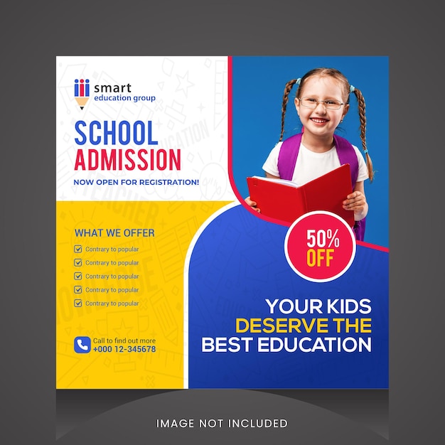 A school admission flyer that says 50 % off.