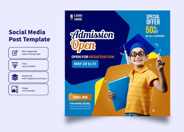 school admission open banner and poster design for social media post template