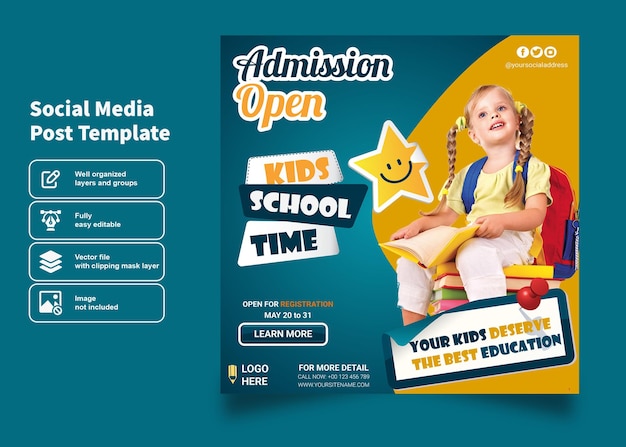 School Admission Open Banner Written With Star Smiley Face Icon Social Media Post Template