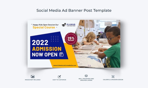 School Admission Open social media Facebook Ad banner Post template premium vector