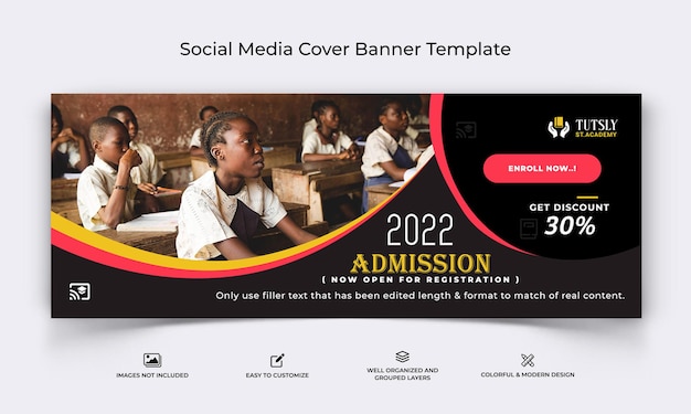 Ammissione scolastica apri i social media modello di banner di copertina di facebook vettore premium