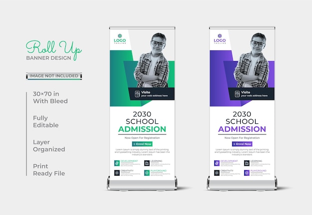 Vector school admission roll up banner stand template design