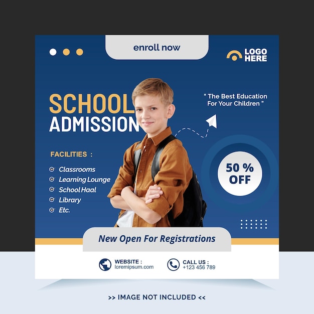 Vector school admission for social media post or instagram post template and online advertisement