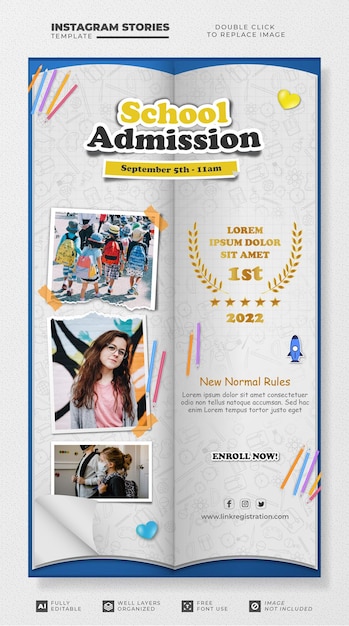 Vector school admission social media stories template design