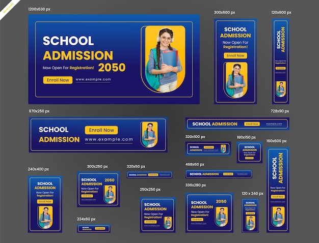 Vettore progettazione del layout del set di banner web per l'ammissione alla scuola