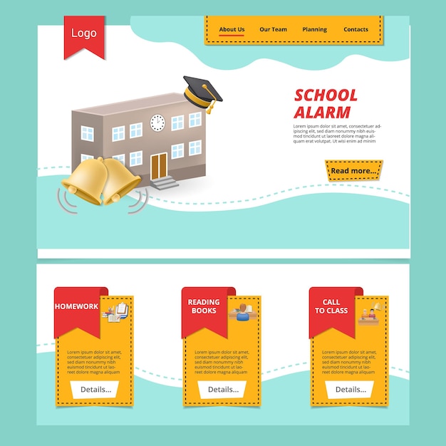 School alarm flat landing page website template Homework reading books call to class Web banner with header content and footer Vector illustration