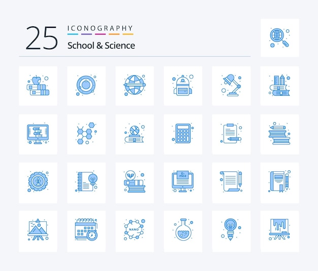 Пакет значков school and science 25 blue color, включая школьную сумку для легкого образования