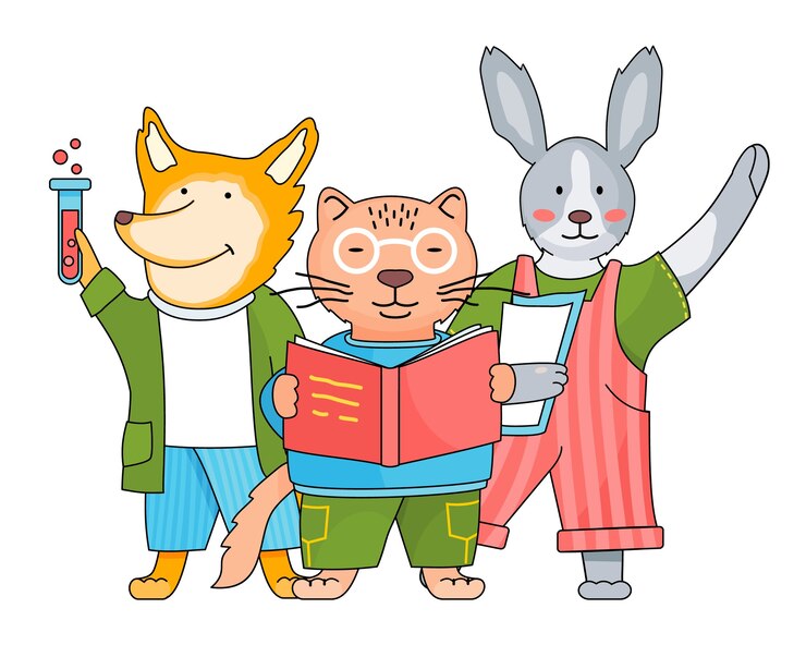 Vector school animal characters, students or pupils. cute cartoon animals at school with textbooks and notebooks reading and studying