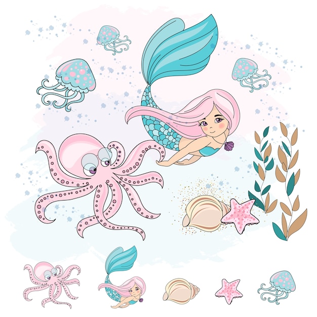 School Autumn Sea Onderwater Vectorillustratieset MERMAID OCTOPUS