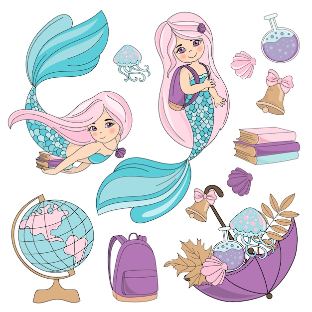 Vector school autumn sea underwater vector illustration set mermaid pupil