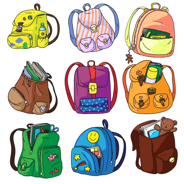 Vector school backpack. cartoon school backpack  set on white background. student satchel or schoolbag collection. pupil rucksack  icon bundle with education and study supply illustration