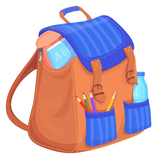 Вектор Школьный рюкзак, полный принадлежностей, детская сумка, мультяшная икона