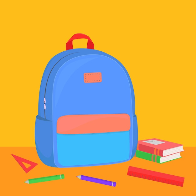 School backpack or schoolbag with stationary textbooks vector illustration