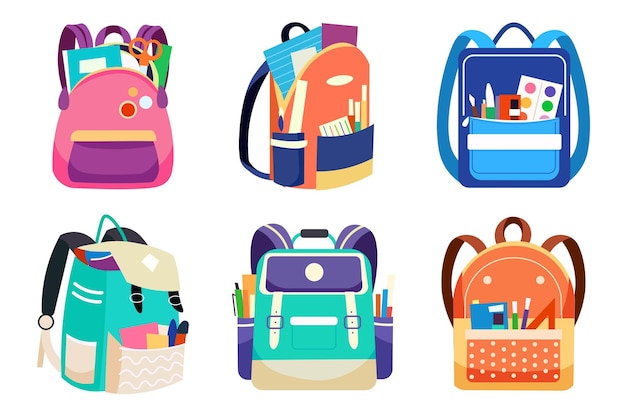 School backpack set in flat cartoon style In this minimalist illustration a stylish set of school