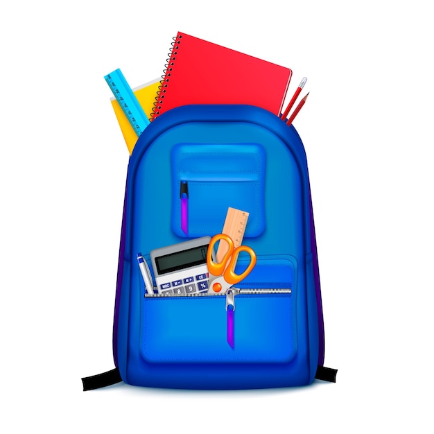 Vector school backpack with realistic scholar accessories showing out