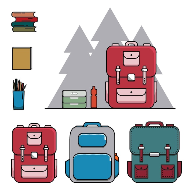 School backpacks set. Cute boys, girls children full schoolbags with books, supplies, textbooks, not