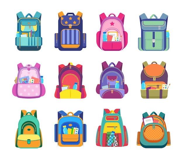 School bag backpack and student rucksack icons